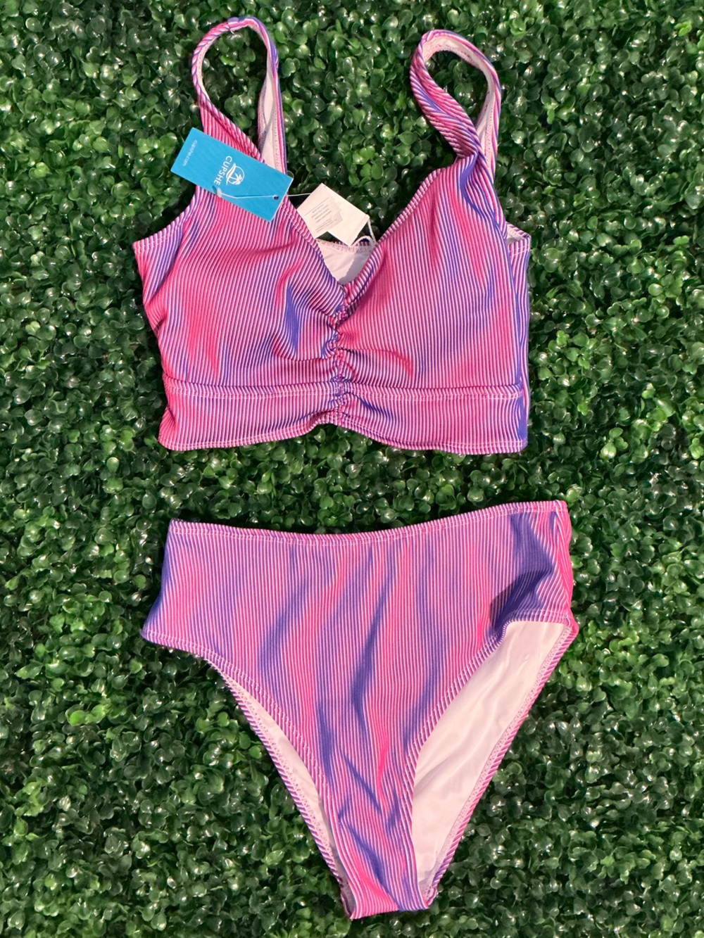 Cupshe Pink Purple Ribbed High-Waist Bikini Set